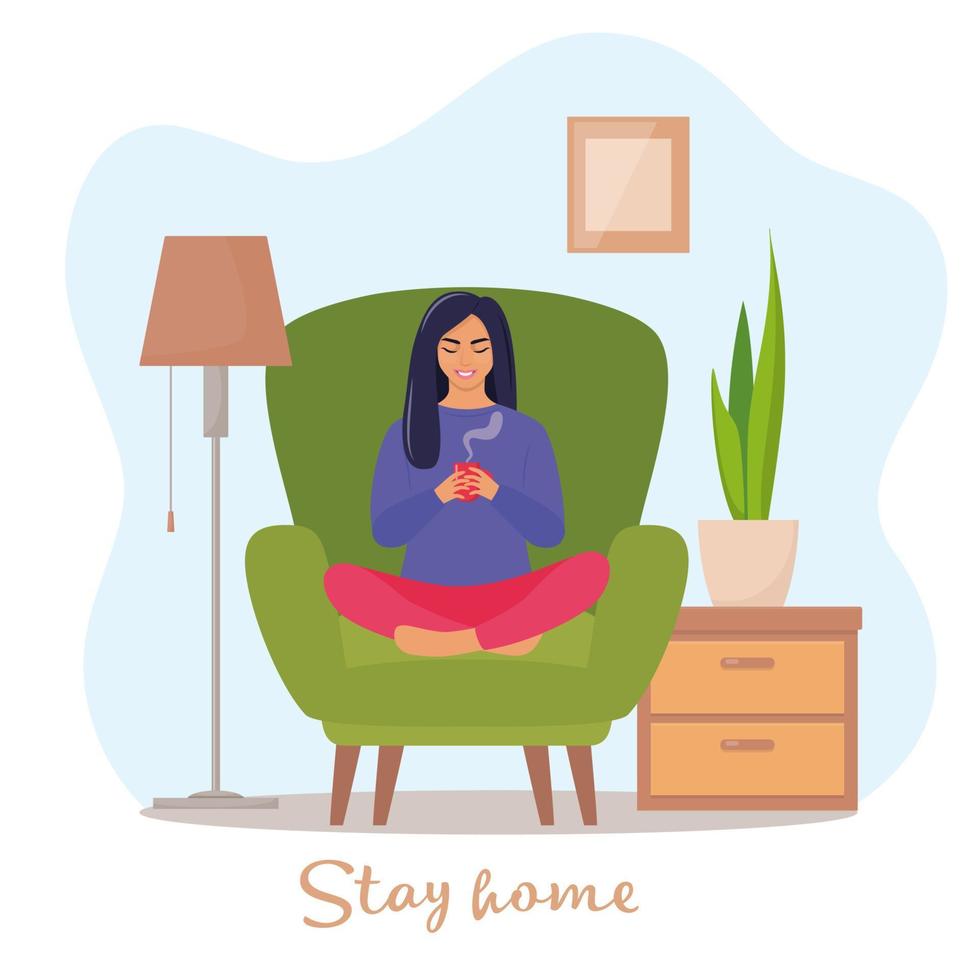 blijven Bij huis. jong vrouw zittend in fauteuil in een lotus houding en houdt een mok van heet drinken in haar handen. knus rust uit en ontspanning concept. vector illustratie.