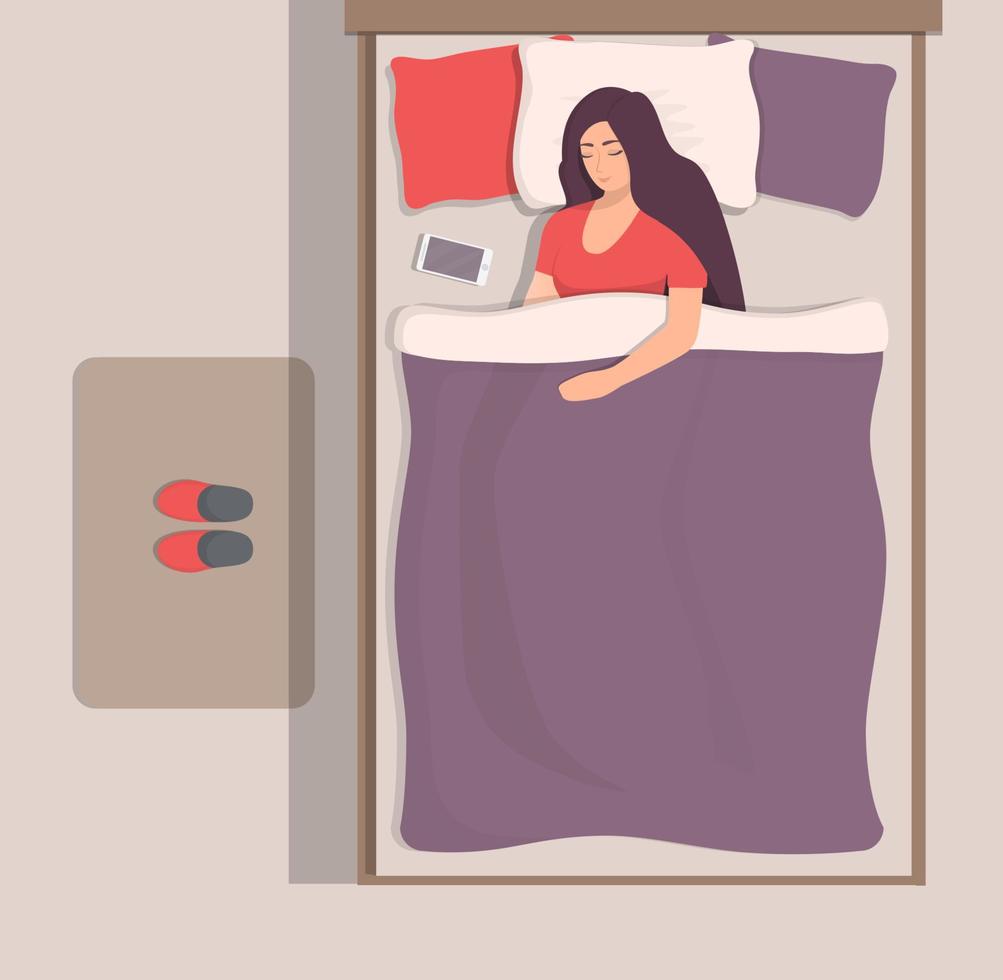 vrouw slapen in haar bed, top visie. meisje slaapt vredig met smartphone in de buurt haar hoofd. slippers Aan de mat in de buurt de bed. vector illustratie in vlak stijl.