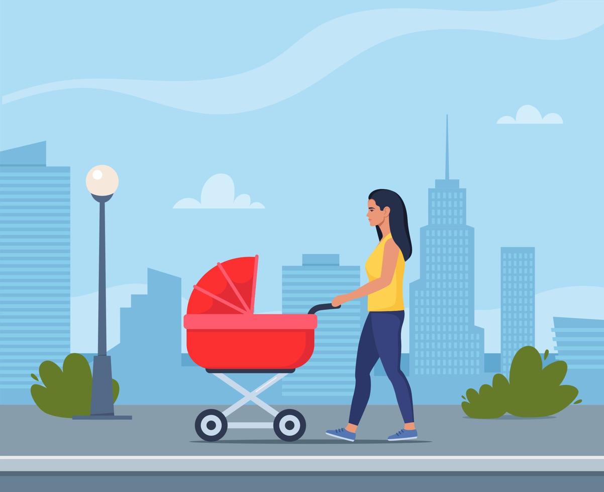 jong moeder wandelen met een pasgeboren dat is in de kinderwagen. vrouw met baby wandelwagen wandelingen door de stad. kleurrijk vector illustratie in vlak stijl.