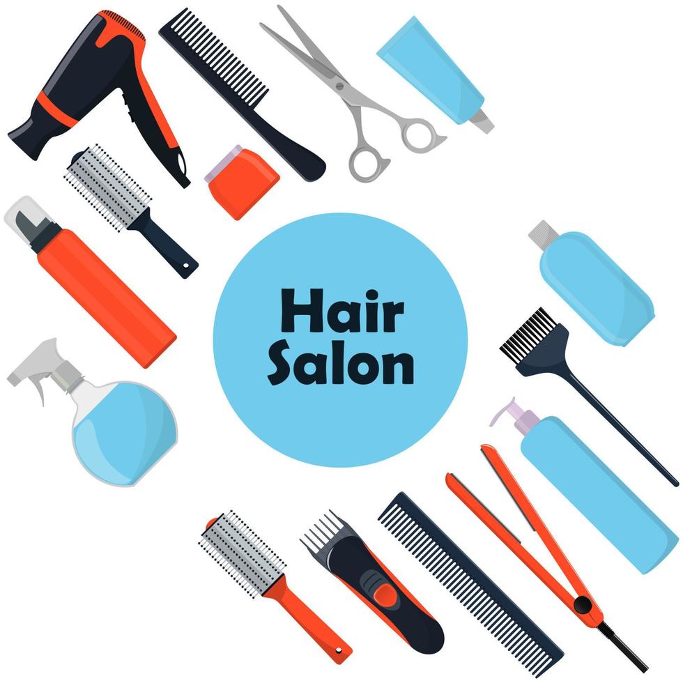 haar- salon concept. gereedschap en kunstmatig producten voor haar- zorg. professioneel kappers hulpmiddelen. een reeks van elementen voor een schoonheid salon. vector illustratie in vlak stijl.