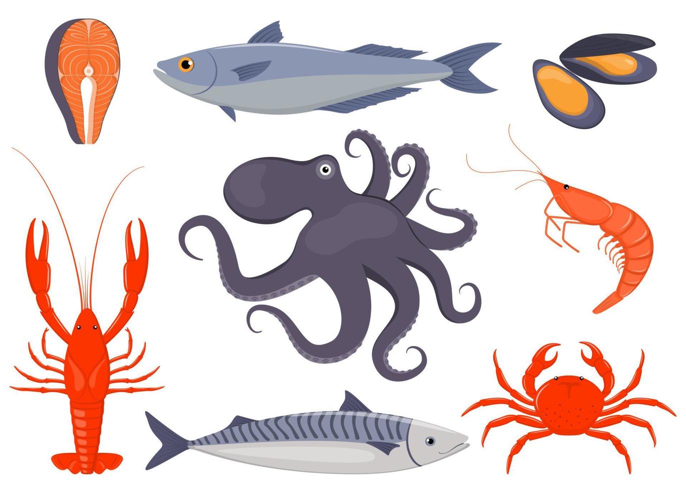 zeevruchten set. Zalm, mosselen, krab, kreeft, Octopus, garnaal, makreel in vlak stijl. vis, zeevruchten pictogrammen voor restaurant menu. vector illustratie.