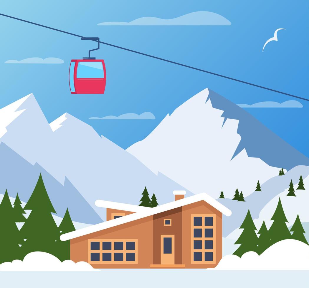 ski toevlucht. winter berg landschap met logeren, ski tillen. winter sport- vakantie spandoek. vector illustratie.