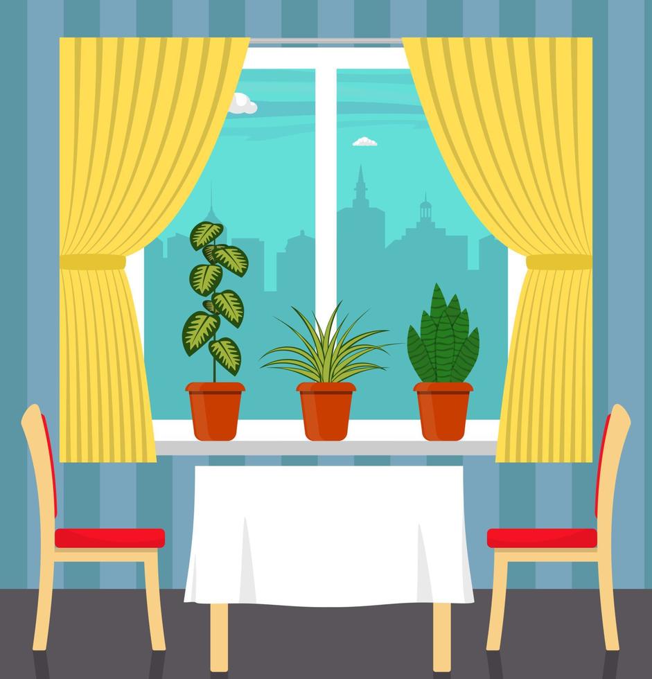 groot venster met gordijn en planten in potten Aan de vensterbank, tafel met wit tafelkleed en twee stoelen in de voorgrond. stad buiten de venster. vector illustratie in vlak stijl.