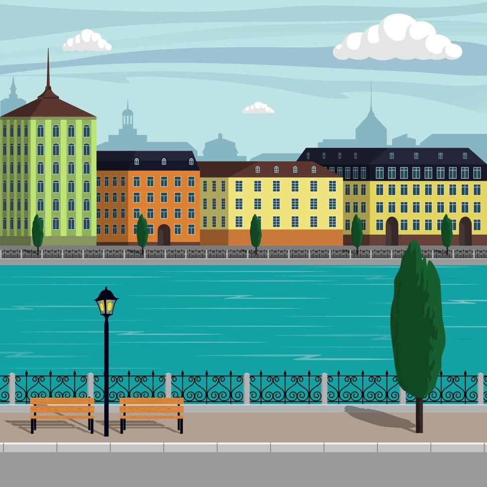 wijnoogst Europa stad landschap illustratie. stad gebouwen langs de rivier. mooi tekenfilm vector illustratie.