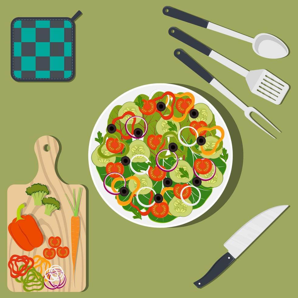 Koken gezond veganistisch voedsel Aan de keuken tafel, ingrediënten en gebruiksvoorwerpen. bord met groenten, mes, spatel, oven wanten, rasp. vector illustratie.