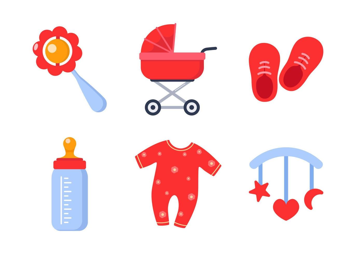 pasgeboren meisje dingen, set. elementen voor baby opvoeding in roze kleur. verzameling van rooskleurig kleren, verzameling van fles, schuifregelaars, fopspeen, rammelaar, slofjes, kleurrijk speelgoed. vector illustratie.