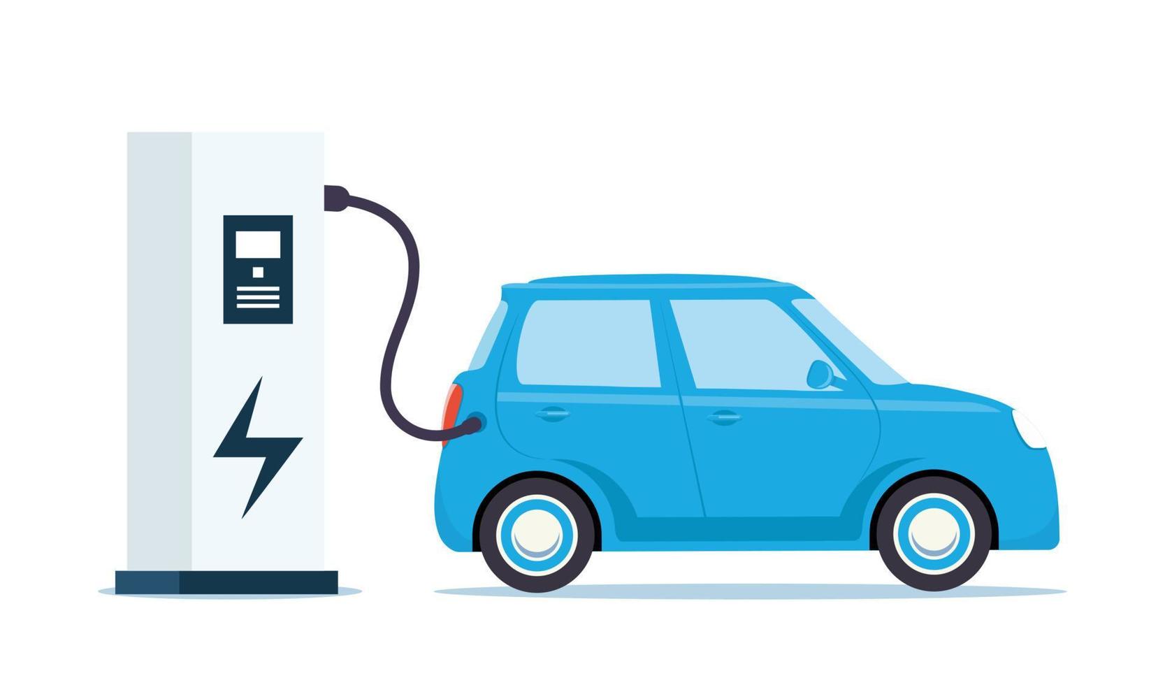 blauw elektrisch auto opladen, kant visie. elektrisch auto opladen station geïsoleerd Aan wit achtergrond. elektriciteit eco nieuw technologie auto's van de toekomst. vector illustratie.