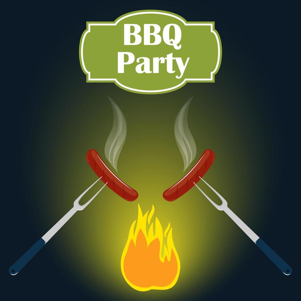 barbecue partij uitnodiging kaart ontwerp sjabloon. vuur, worst, vork. vector illustratie, vlak stijl.