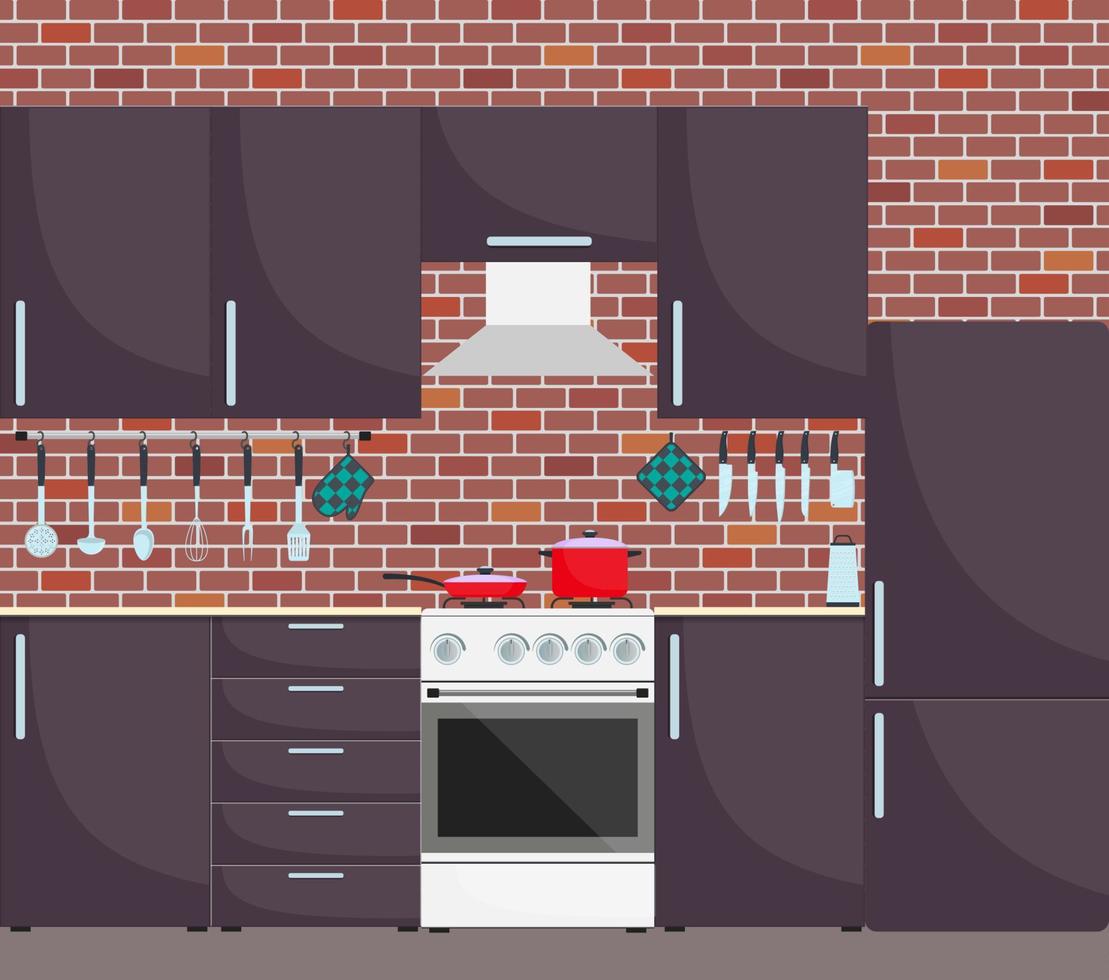 modern elegant keuken interieur. keuken gereedschap en huishoudelijke apparaten, meubilair, gas- fornuis, koelkast. pan en frituren pan Aan de fornuis. vector illustratie in vlak stijl.