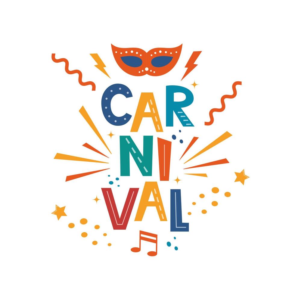 carnaval hand- getrokken belettering voor poster, logo, uitnodiging kaart, spandoek. carnaval poster met kleurrijk partij elementen. masker, confetti, sterren en spatten. festival concept ontwerp. vector illustratie.