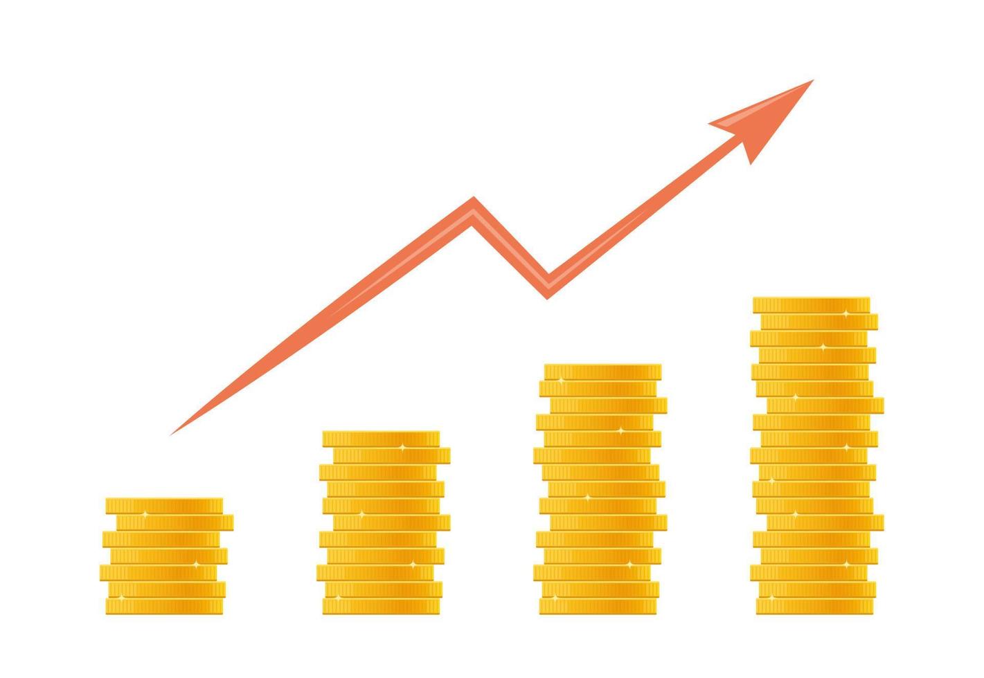 stack van goud munten, concept van inkomen of winst. hoop van geld en pijl richten omhoog. financieel groei, besparing geld, investering concept. stapel van goud glimmend munten met dollar teken. vector. vector