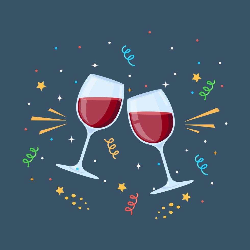 gerinkel bril. gerinkel wijn drankjes, alcohol drankjes in wijnglazen, vakantie partij, mensen evenement samen, viering proost, gekleurde confetti. vector illustratie.