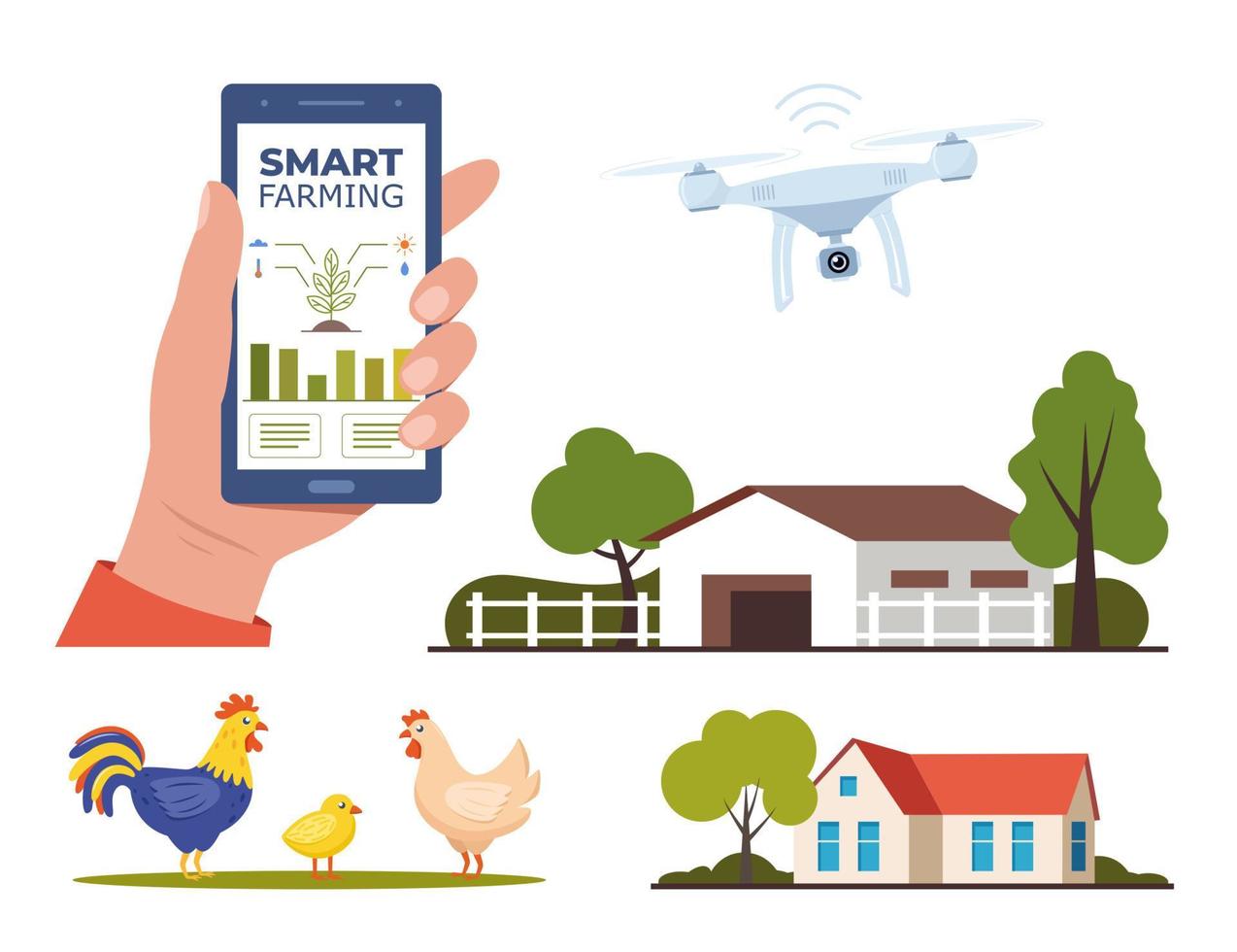 slim landbouw, futuristische technologieën in boerderij industrie. smartphone met app voor controle planten groeien. reeks van scènes en elementen Aan boerderij thema. vector illustratie.