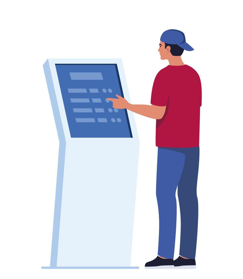 Mens gebruik makend van Zelfbediening betaling en informatie elektronisch terminal met tintje scherm. vector illustratie in vlak stijl.