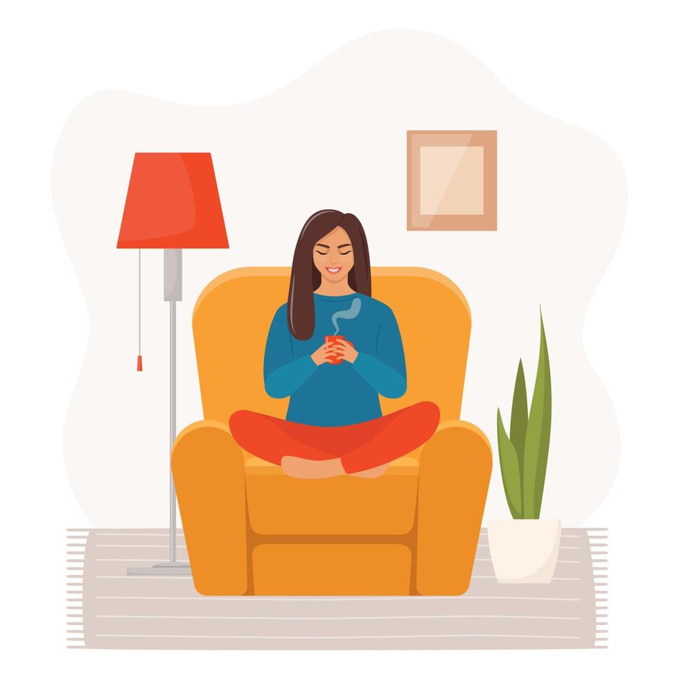 blijven Bij huis. jong vrouw zittend in fauteuil in een lotus houding en houdt een mok van heet drinken in haar handen. knus rust uit en ontspanning concept. vector illustratie.