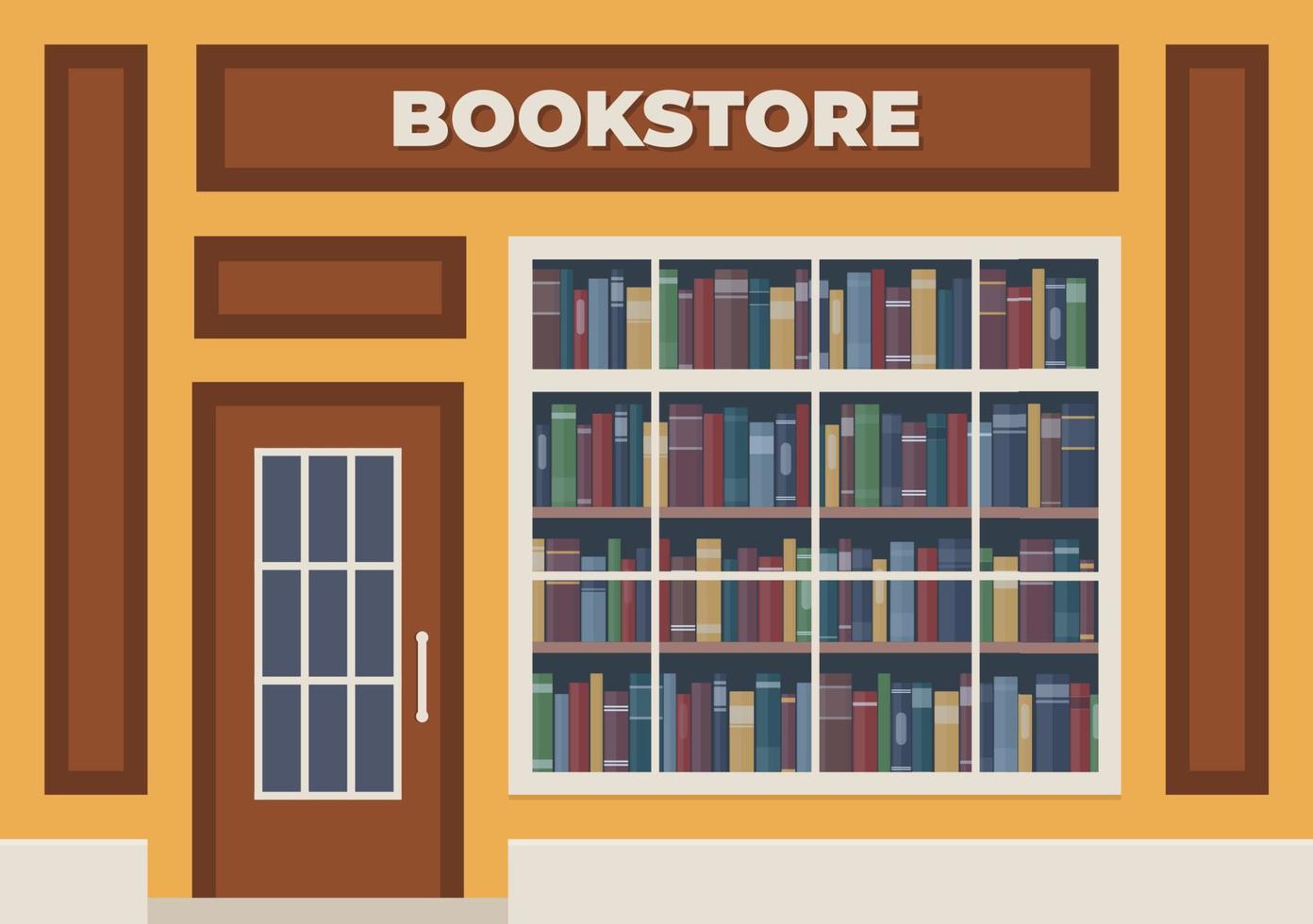 een boekhandel met een teken over- de Ingang. boeken in de winkel venster Aan de planken. straat op te slaan. vector illustratie, vlak stijl.