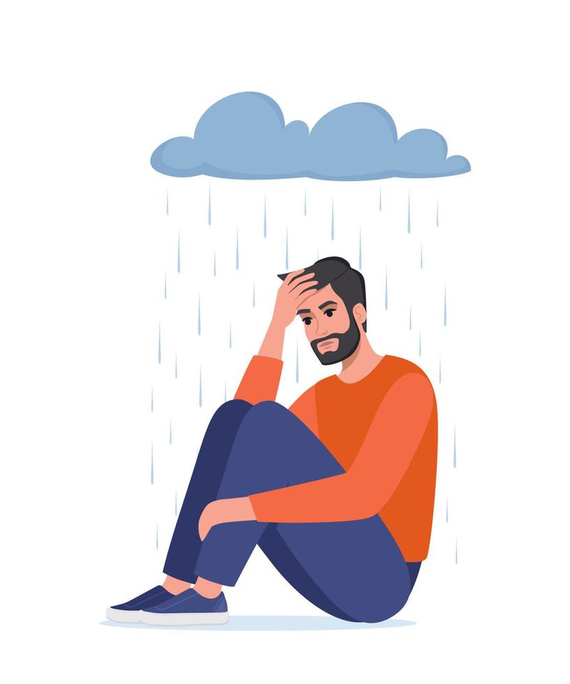 jong depressief Mens zittend onder metaforisch regenachtig wolk. eenzaam verdrietig mannetje knuffelen zijn knieën. concept van depressie, mentaal Gezondheid, psychologie probleem, misbruik. vector illustratie.