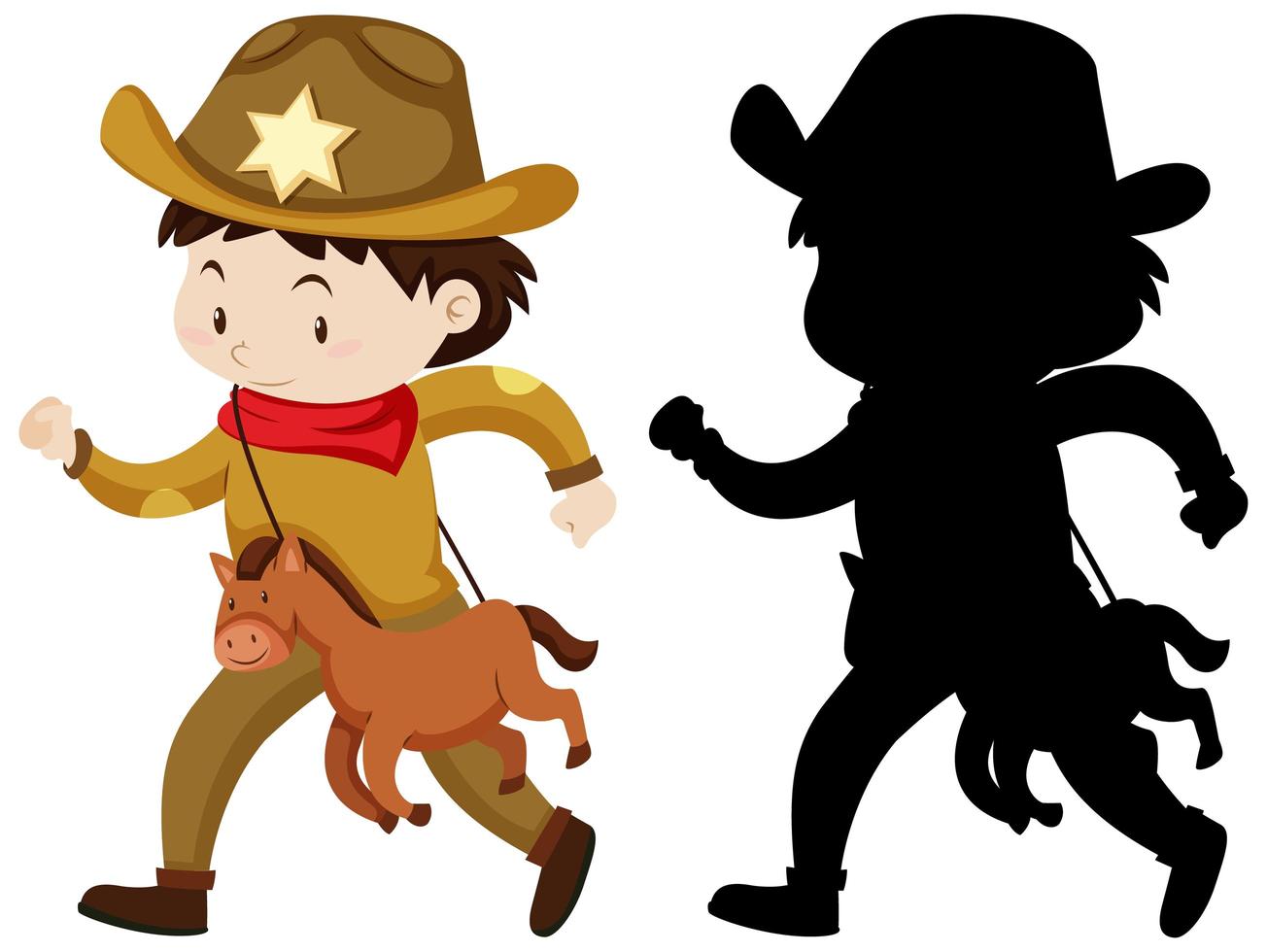 jongen in cowboykostuum in kleur en silhouet vector