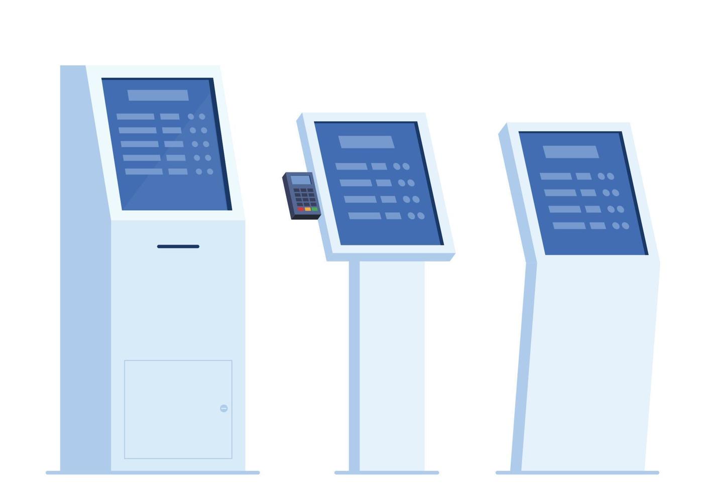 Zelfbediening betaling en informatie elektronisch terminal met tintje scherm, reeks van elementen. vector illustratie in vlak stijl.