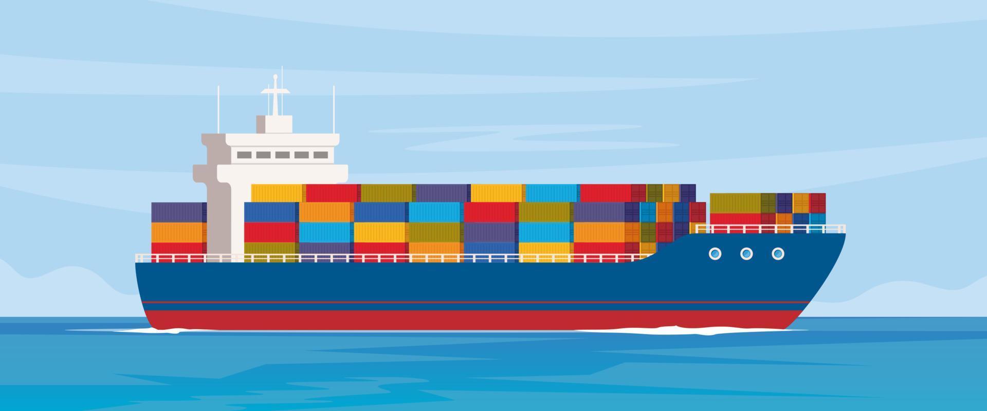 lading schip met containers in de oceaan. levering, vervoer, Verzending vracht vervoer. logistiek concept vector illustratie.