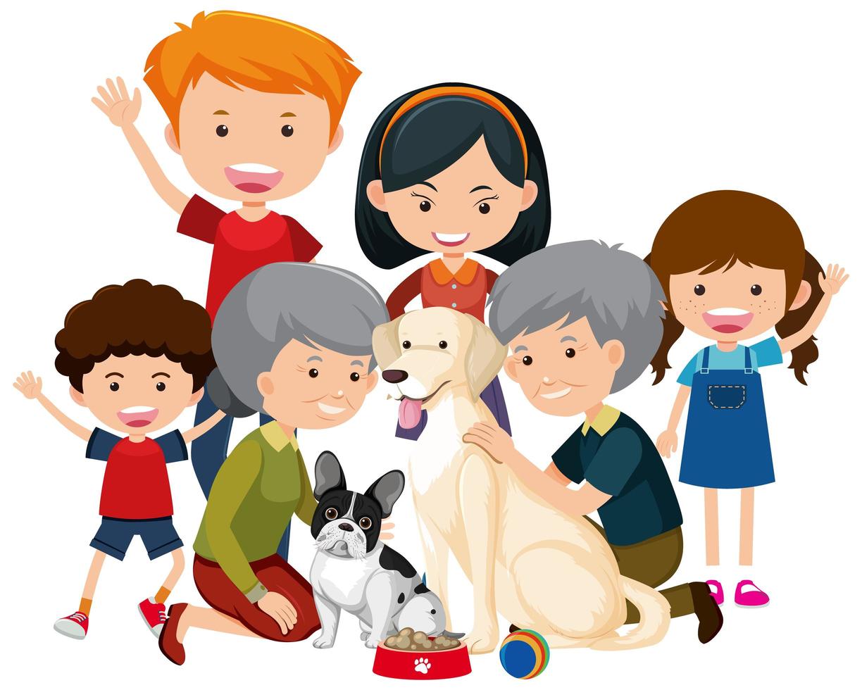 familieleden met hun huisdierenhond op witte achtergrond vector