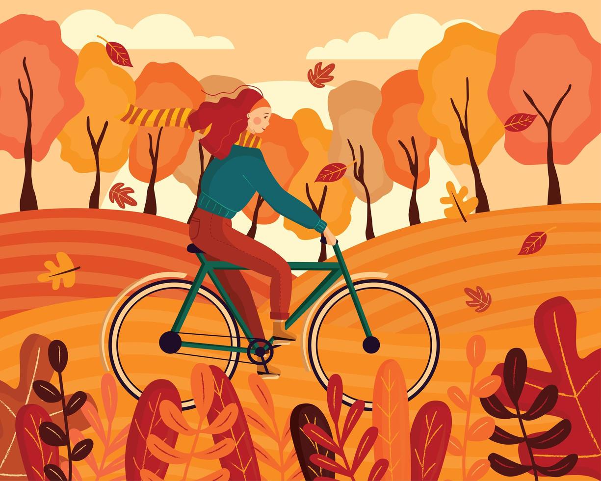 vrouw gekleed in herfstkleren fietsen vector