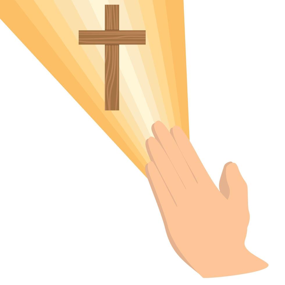 twee handen bidden. de concept van geloof. christen kruis in straling. vector illustratie.