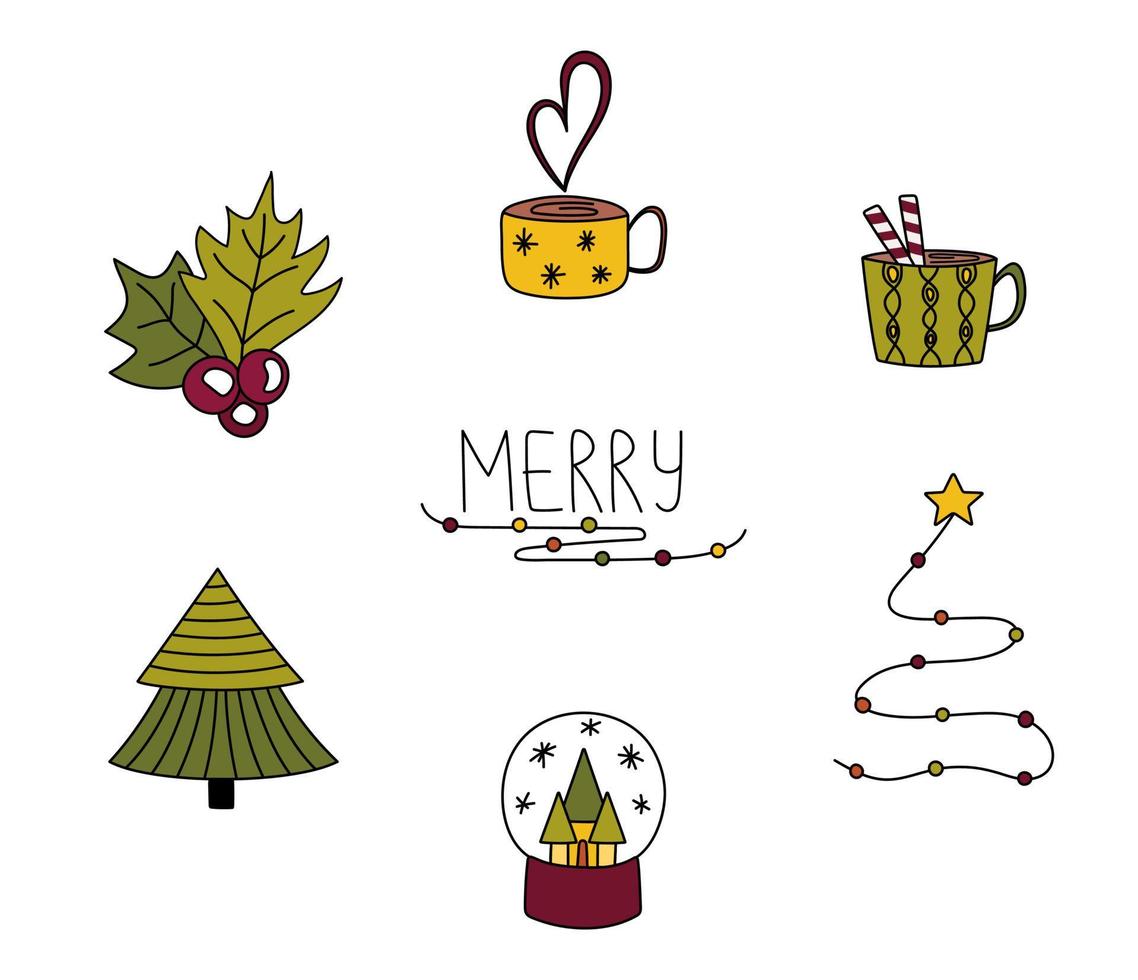 Kerstmis schattig tekening set. hand- getrokken mokken met heet drankjes, Kerstmis boom, sneeuw wereldbol, hulst, guirlande. vector knus elementen voor Kerstmis decor