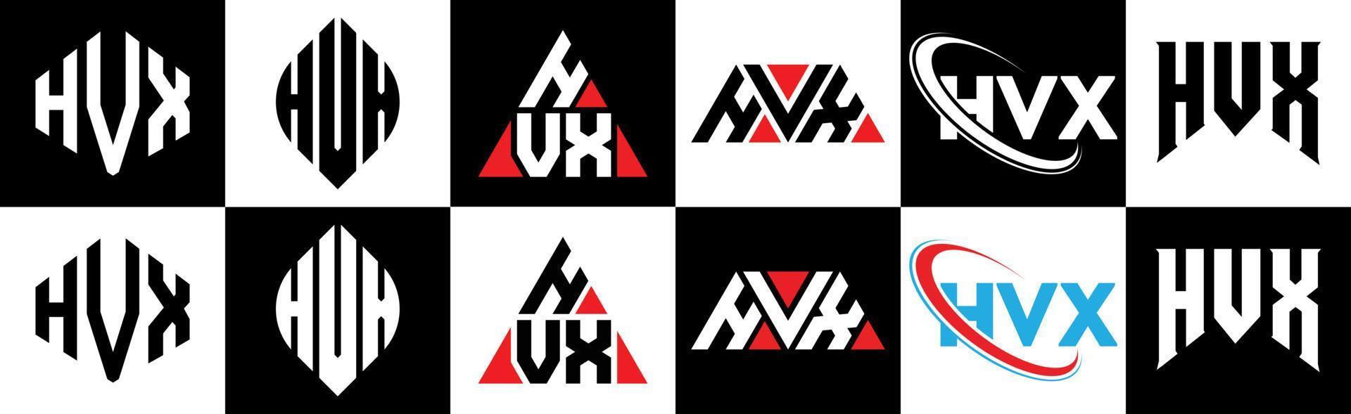 hvx brief logo ontwerp in zes stijl. hvx veelhoek, cirkel, driehoek, zeshoek, vlak en gemakkelijk stijl met zwart en wit kleur variatie brief logo reeks in een tekengebied. hvx minimalistische en klassiek logo vector