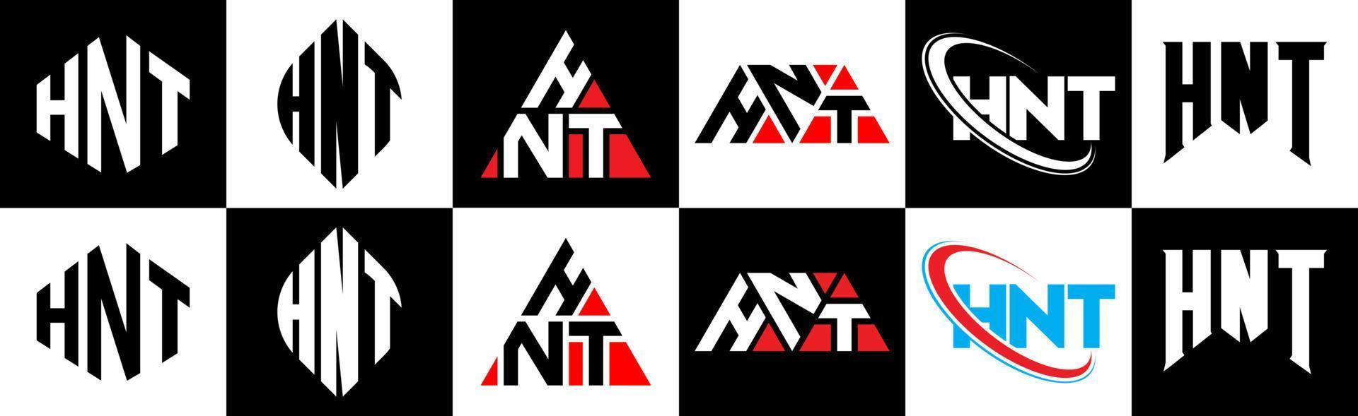 hnt brief logo ontwerp in zes stijl. hnt veelhoek, cirkel, driehoek, zeshoek, vlak en gemakkelijk stijl met zwart en wit kleur variatie brief logo reeks in een tekengebied. hnt minimalistische en klassiek logo vector