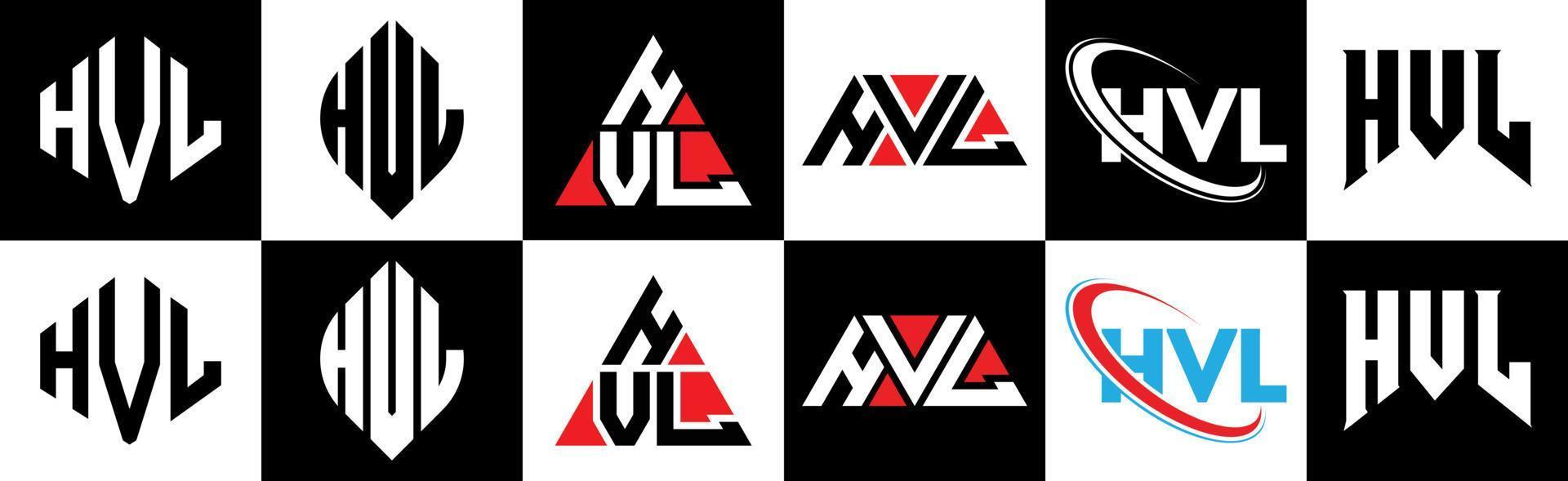 hvl brief logo ontwerp in zes stijl. hvl veelhoek, cirkel, driehoek, zeshoek, vlak en gemakkelijk stijl met zwart en wit kleur variatie brief logo reeks in een tekengebied. hvl minimalistische en klassiek logo vector