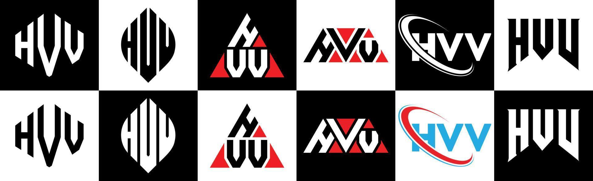 hvv brief logo ontwerp in zes stijl. hvv veelhoek, cirkel, driehoek, zeshoek, vlak en gemakkelijk stijl met zwart en wit kleur variatie brief logo reeks in een tekengebied. hvv minimalistische en klassiek logo vector