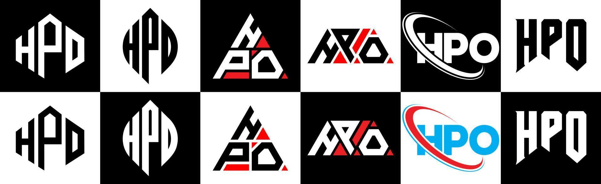 hpo brief logo ontwerp in zes stijl. hpo veelhoek, cirkel, driehoek, zeshoek, vlak en gemakkelijk stijl met zwart en wit kleur variatie brief logo reeks in een tekengebied. hpo minimalistische en klassiek logo vector