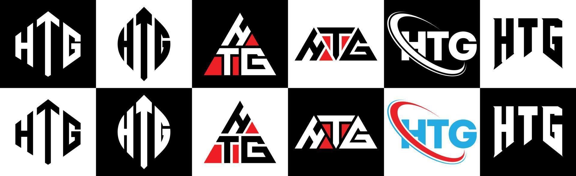 htg brief logo ontwerp in zes stijl. htg veelhoek, cirkel, driehoek, zeshoek, vlak en gemakkelijk stijl met zwart en wit kleur variatie brief logo reeks in een tekengebied. htg minimalistische en klassiek logo vector