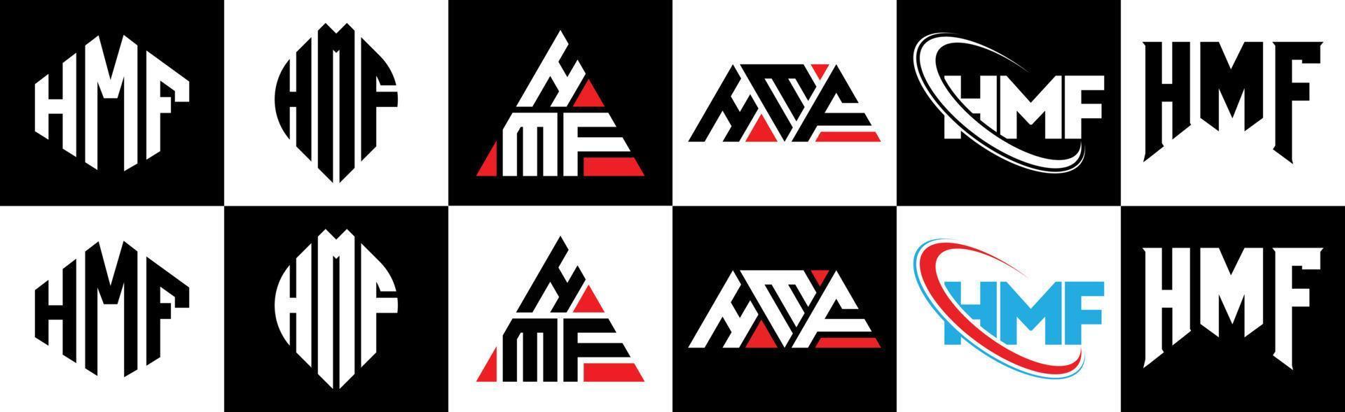 hmf brief logo ontwerp in zes stijl. hmf veelhoek, cirkel, driehoek, zeshoek, vlak en gemakkelijk stijl met zwart en wit kleur variatie brief logo reeks in een tekengebied. hmf minimalistische en klassiek logo vector