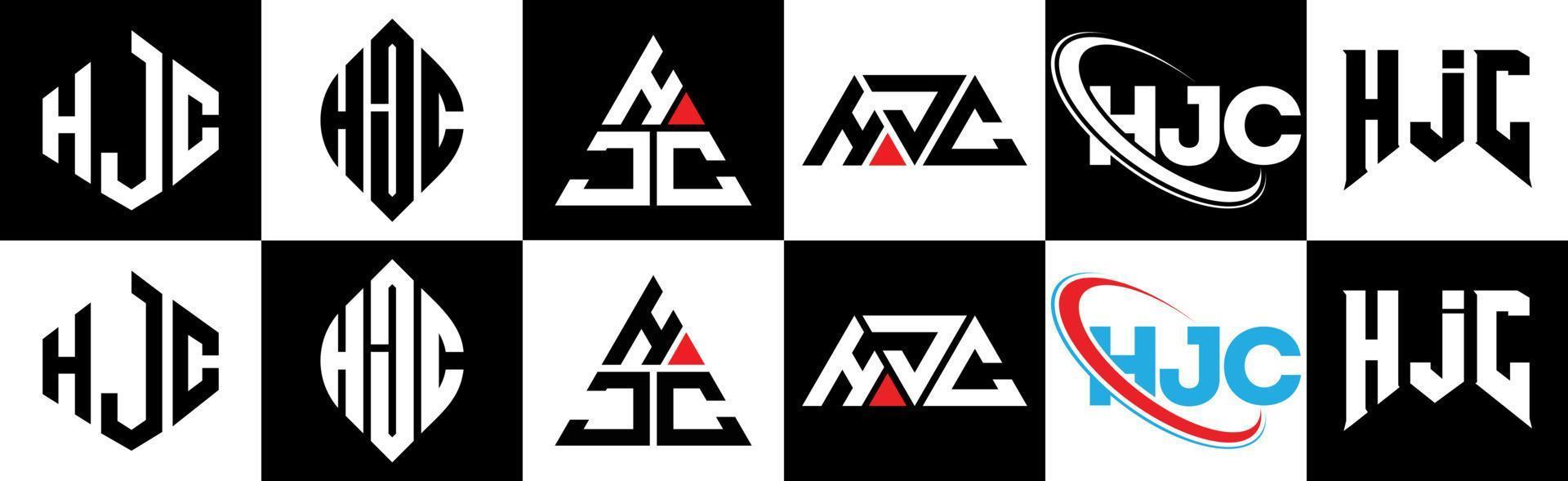 hjc brief logo ontwerp in zes stijl. hjc veelhoek, cirkel, driehoek, zeshoek, vlak en gemakkelijk stijl met zwart en wit kleur variatie brief logo reeks in een tekengebied. hjc minimalistische en klassiek logo vector