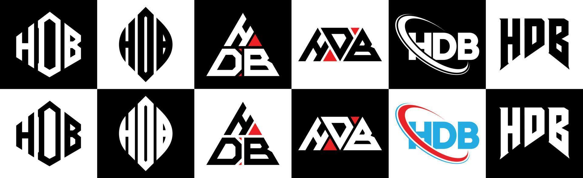 hdb brief logo ontwerp in zes stijl. hdb veelhoek, cirkel, driehoek, zeshoek, vlak en gemakkelijk stijl met zwart en wit kleur variatie brief logo reeks in een tekengebied. hdb minimalistische en klassiek logo vector