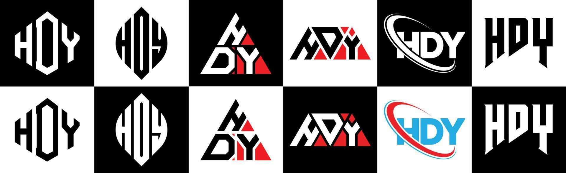 hdy brief logo ontwerp in zes stijl. hdy veelhoek, cirkel, driehoek, zeshoek, vlak en gemakkelijk stijl met zwart en wit kleur variatie brief logo reeks in een tekengebied. hdy minimalistische en klassiek logo vector