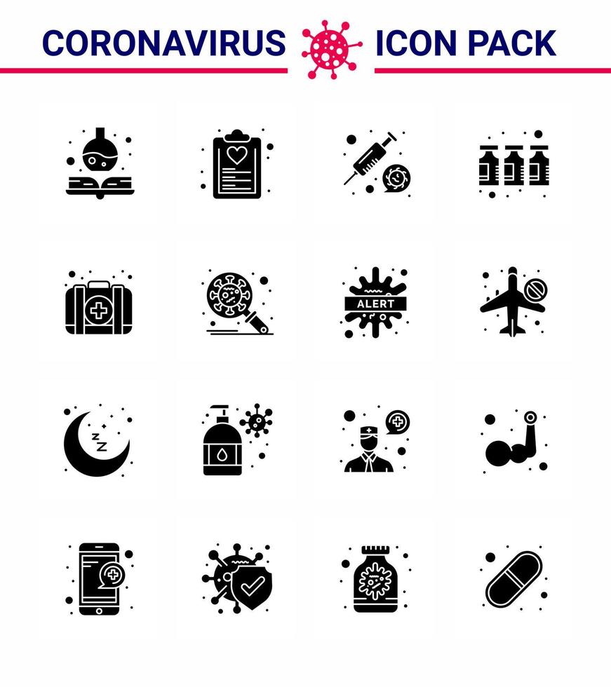 16 solide glyph zwart coronavirus ziekte en het voorkomen vector icoon uitrusting vaccin coronavirus geneeskunde fles virale coronavirus 2019november ziekte vector ontwerp elementen