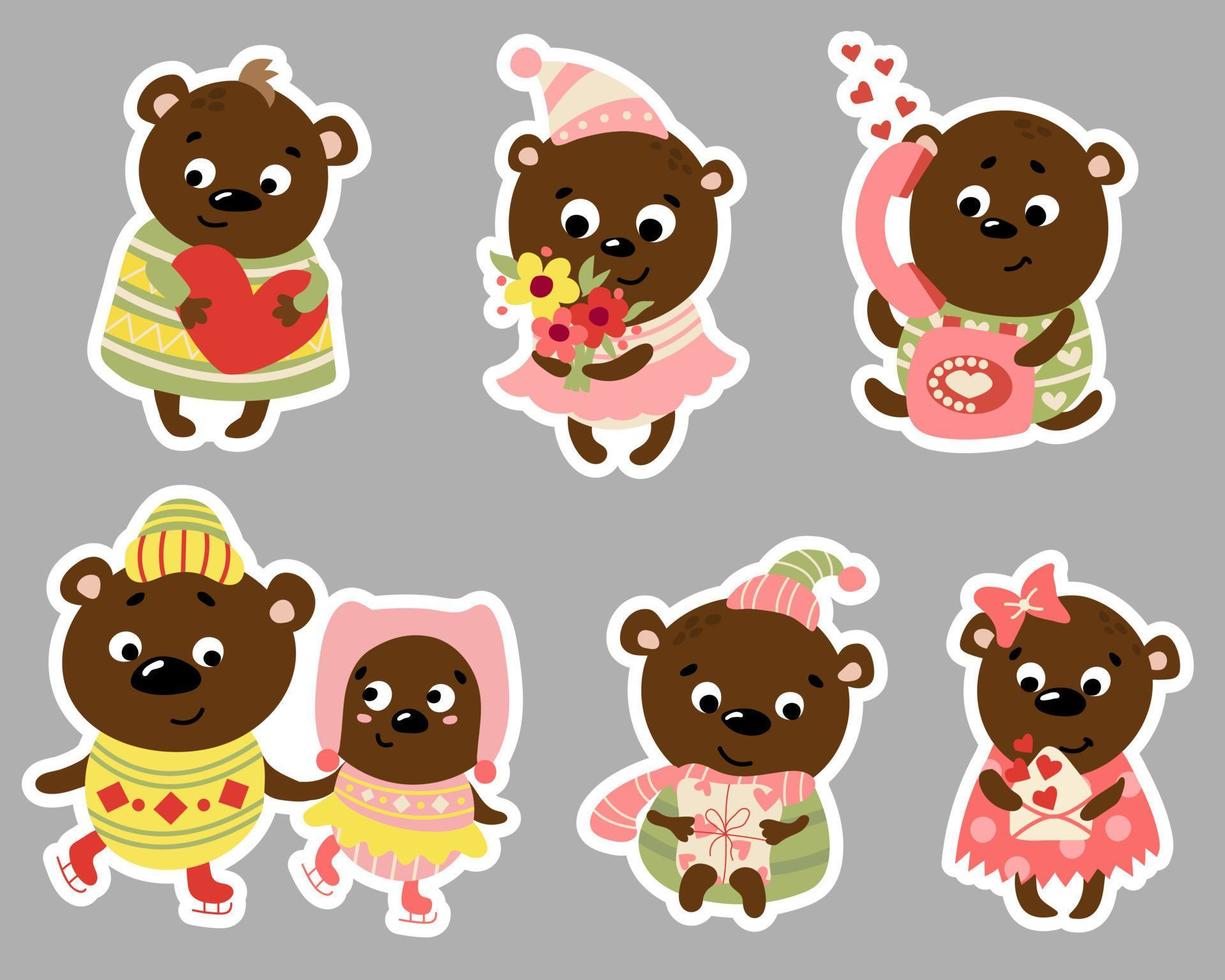 schattig valentijnsdag teddy beer stickers. st. dag valentijn. getrokken stijl. vector illustratie.