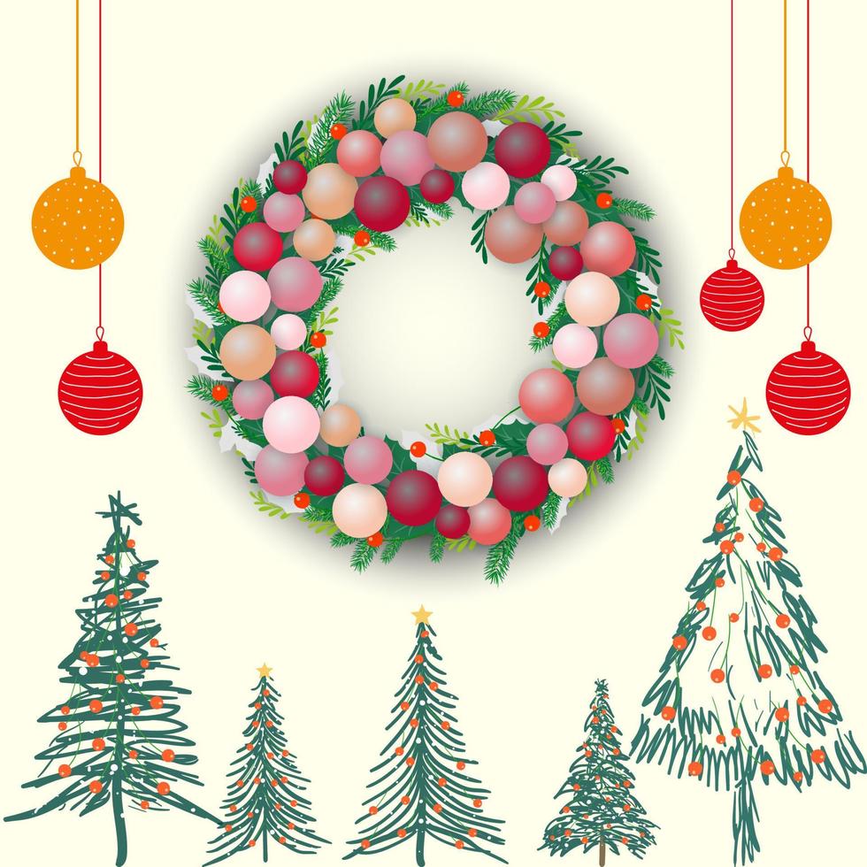 Kerstmis krans met Spar takken, bladeren, ballonnen, Kerstmis en ballen boom voor groet kaart en poster vector