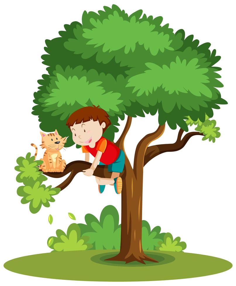 een jongen die klimt om een kat te helpen die op de geïsoleerde boombeeldverhaal wordt geplakt vector