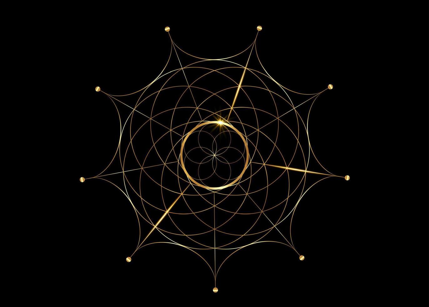 goud heilig geometrie, zaad van leven symbool. logo icoon meetkundig mysticus mandala van alchimie esoterisch bloem van leven. vector gouden lijn kunst tatoeëren goddelijk meditatief amulet geïsoleerd Aan zwart achtergrond