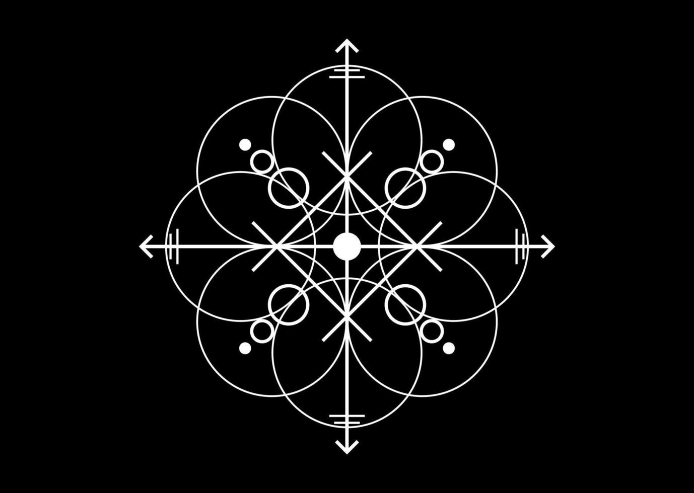 heilig zegel van krachtig energie, sigil voor bescherming met meetkundig vormen en mystiek pijlen, vector wit tatoeëren kruis symbool geïsoleerd Aan zwart achtergrond