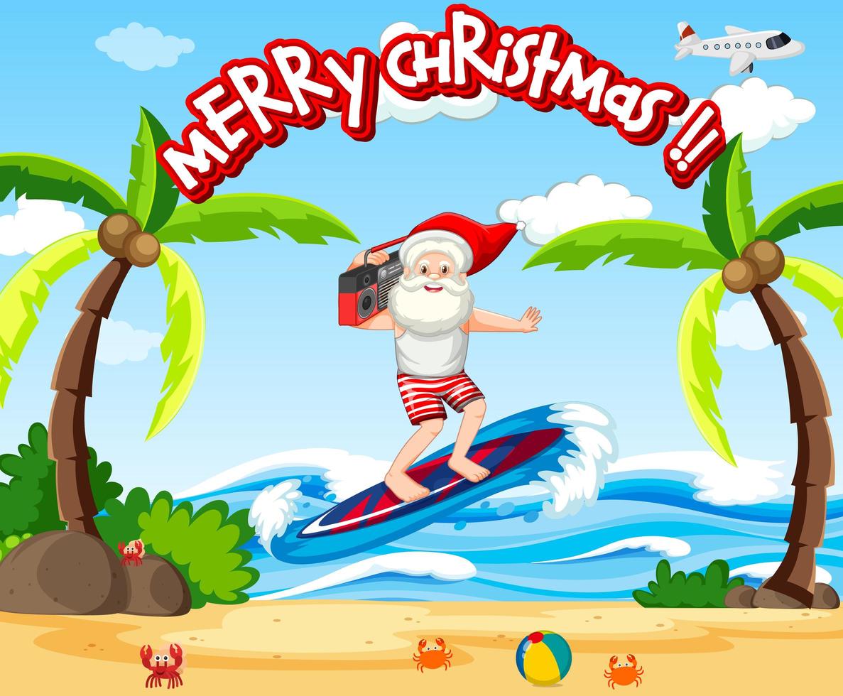 kerstman surfen op het strand voor zomerse kerst vector