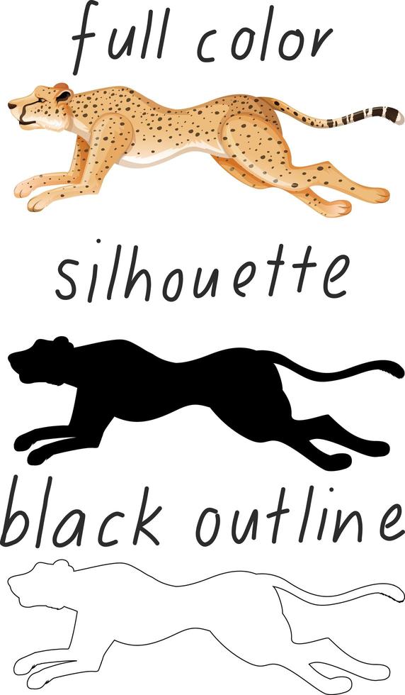 set luipaard in kleur, silhouet en zwarte omtrek op witte achtergrond vector
