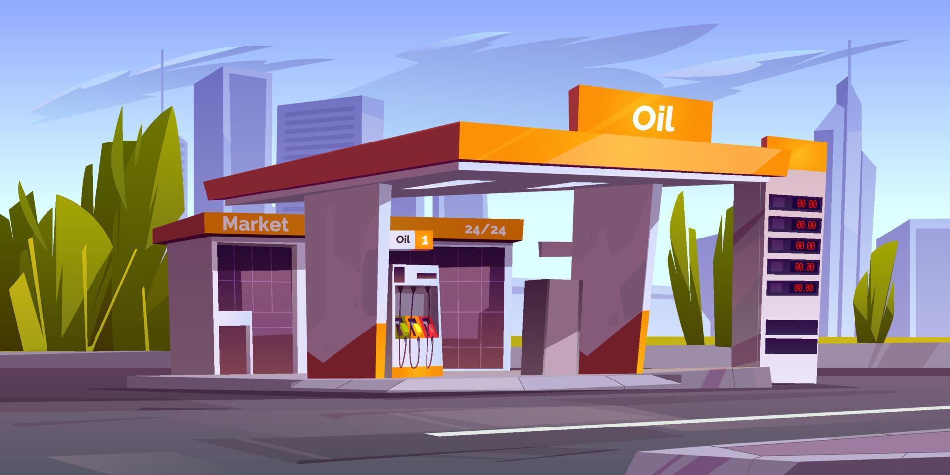 gas- station met olie pomp en markt in stad vector