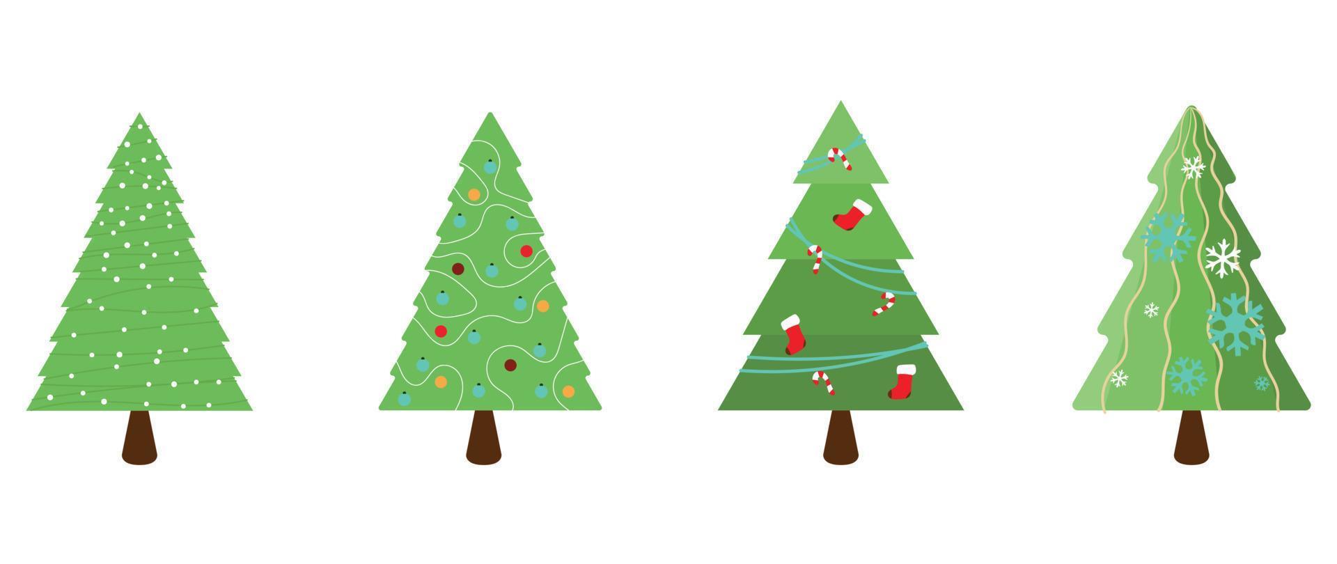 reeks van versierd Kerstmis bomen vector. verzameling van sier- Kerstmis bomen met guirlande, klatergoud, kerstballen, ster Aan wit achtergrond. ontwerp illustratie voor decoratie, kaart, sticker, poster. vector