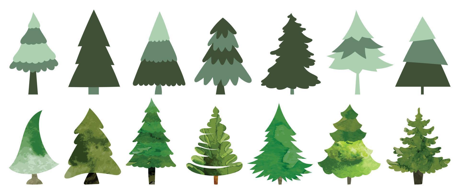 reeks van Kerstmis bomen vector illustratie. verzameling van hand- getrokken pijnboom bomen en waterverf structuur geïsoleerd Aan wit achtergrond. ontwerp geschikt voor kaart, grappig, afdrukken, poster, banier, decoratie.