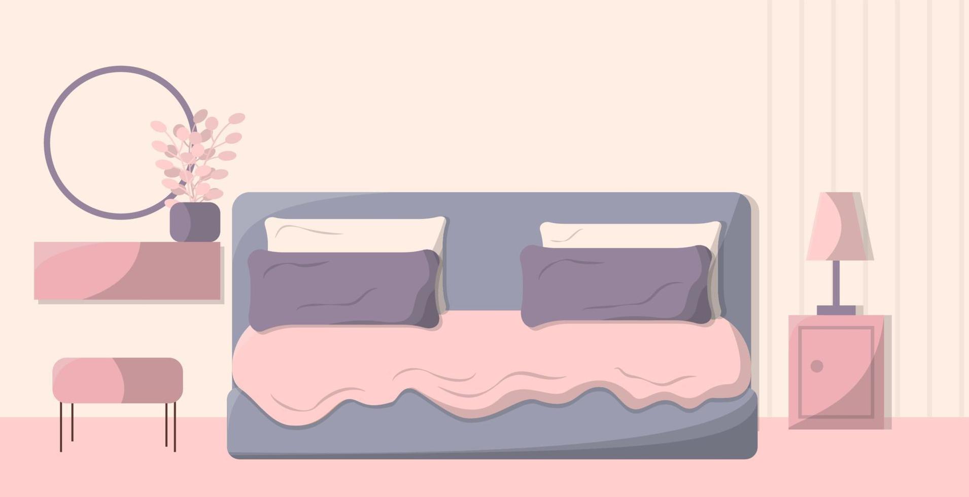 slaapkamer interieur ontwerp.ontwerp van een modieus knus kamer met dubbele bed, nachtkastje tafel, spiegel. pastel slaapkamer in vlak ontwerp. voorraad vector illustratie, eps 10.